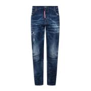 Slim Fit Medium Denim Jeans med Distressed Detalje